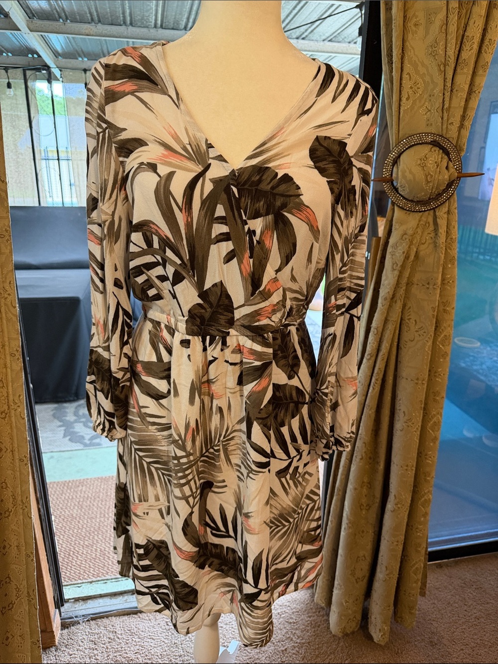 Old Navy Cream Dress with Black and Pink Tropical Leaf Print